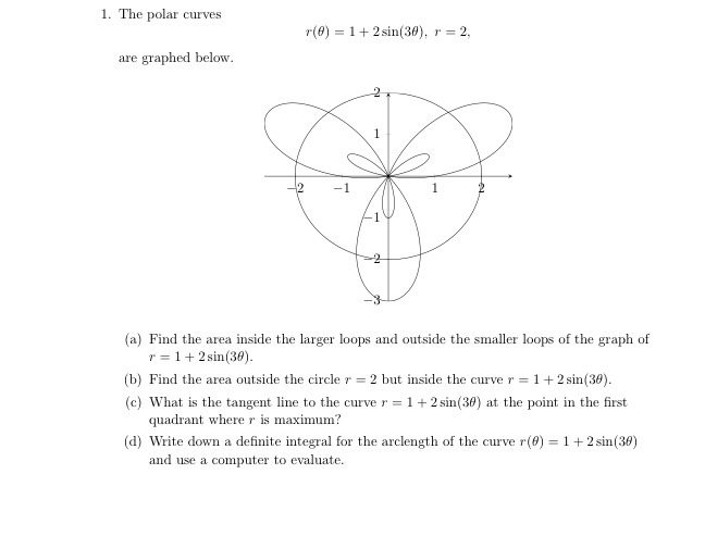 Solved 1. The polar curves r@)= 1 + 2 sin(3θ), r=2. are | Chegg.com