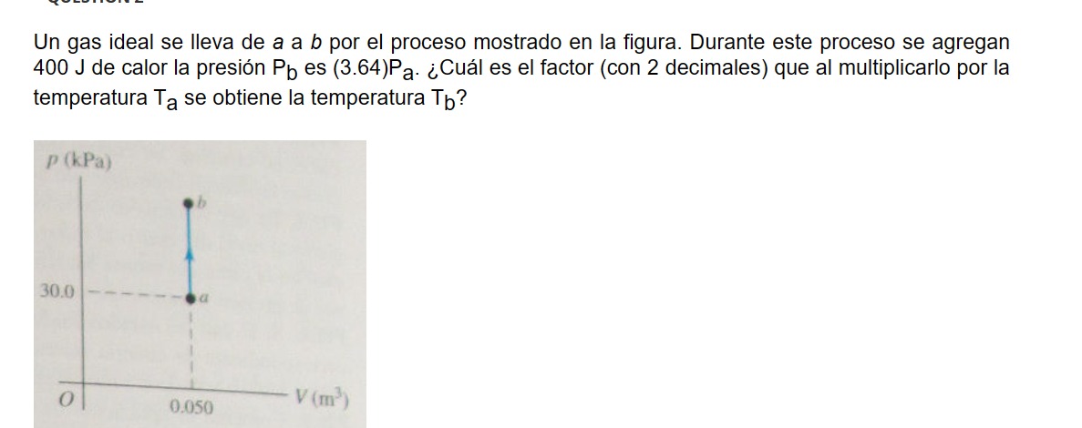 Un gas ideal se lleva de \( a \) a \( b \) por el proceso mostrado en la figura. Durante este proceso se agregan \( 400 \math