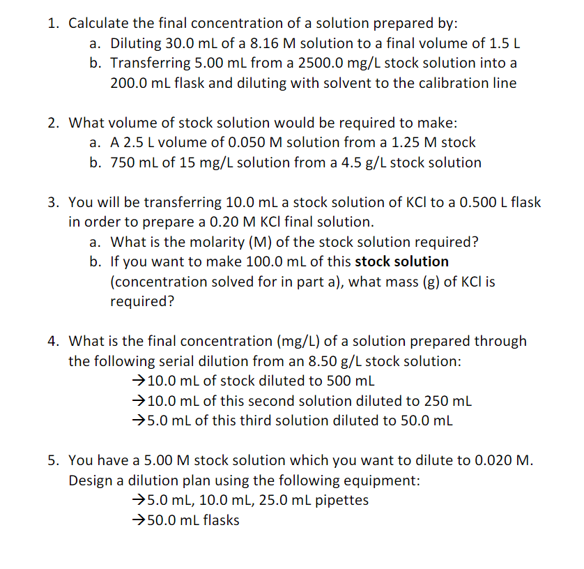 Solved 1. Calculate the final concentration of a solution | Chegg.com