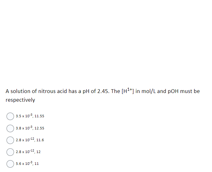 Solved A solution of nitrous acid has a pH ﻿of 2.45 . ﻿The