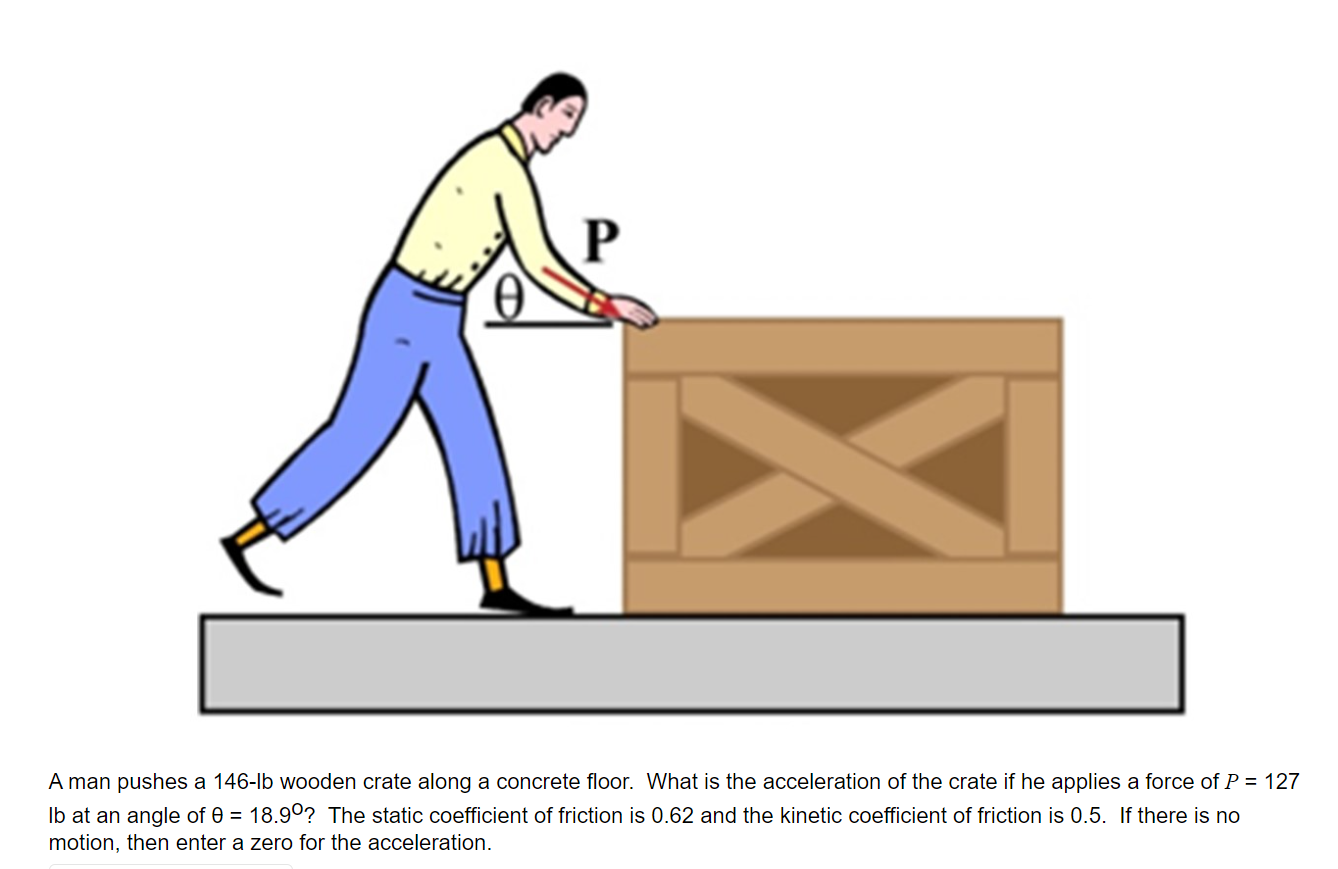 Solved A man pushes a 146-1b wooden crate along a concrete | Chegg.com