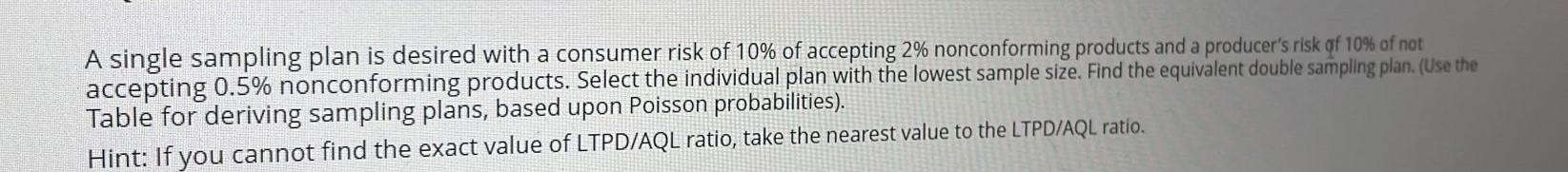 Solved A single sampling plan is desired with a consumer | Chegg.com