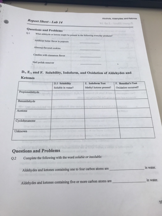 Solved Report SheetLab 14 D. Properties of Aldehydes and