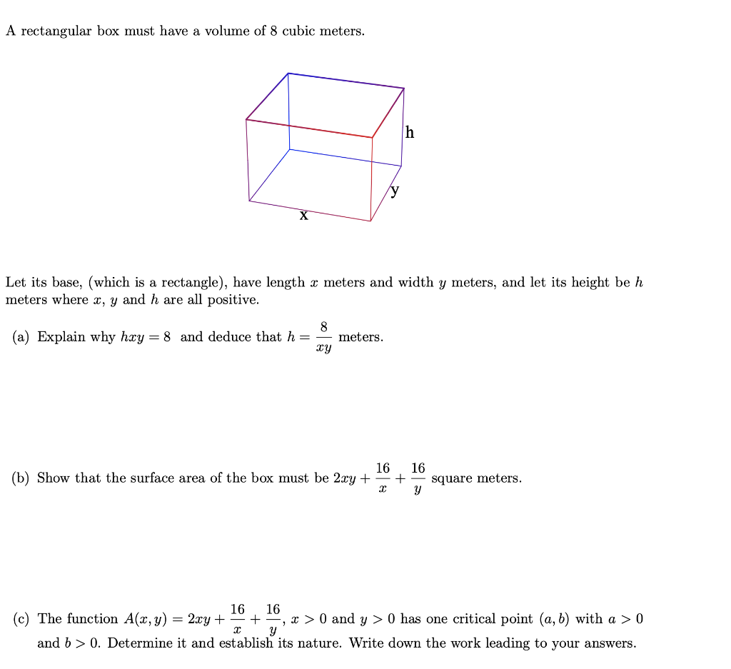 Solved A rectangular box must have a volume of 8 cubic | Chegg.com