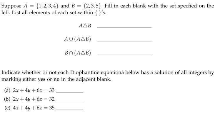 Solved Suppose A = {1,2,3,4} and B = {2,3,5). Fill in each | Chegg.com