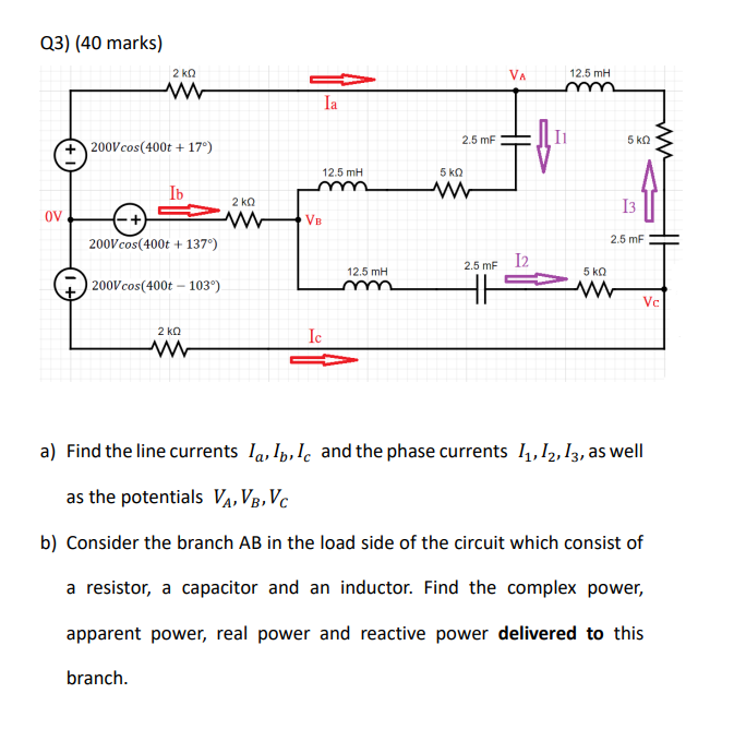 Solved Q3) (40 Marks) A) Find The Line Currents Ia,ib,ic And 