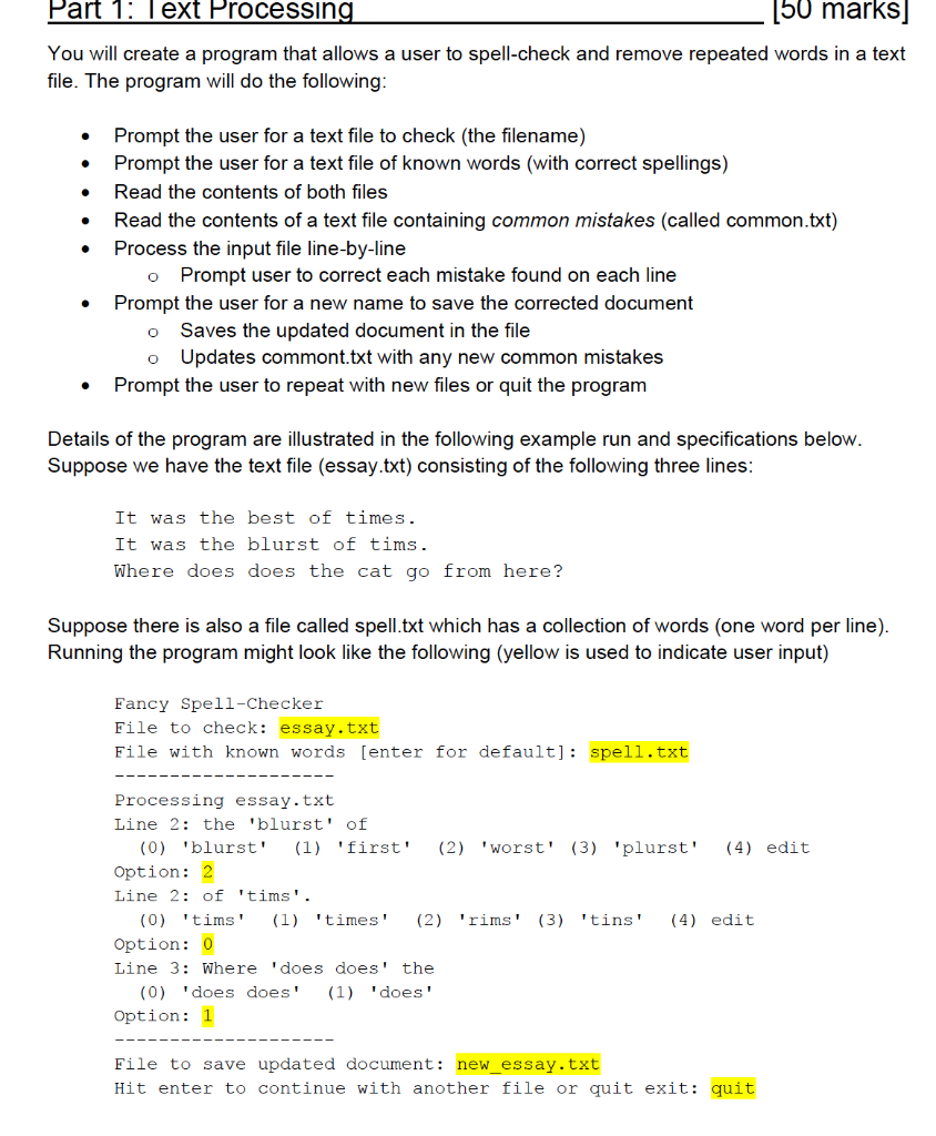 Part 1: Text Processing [50 marks] You will create a | Chegg.com