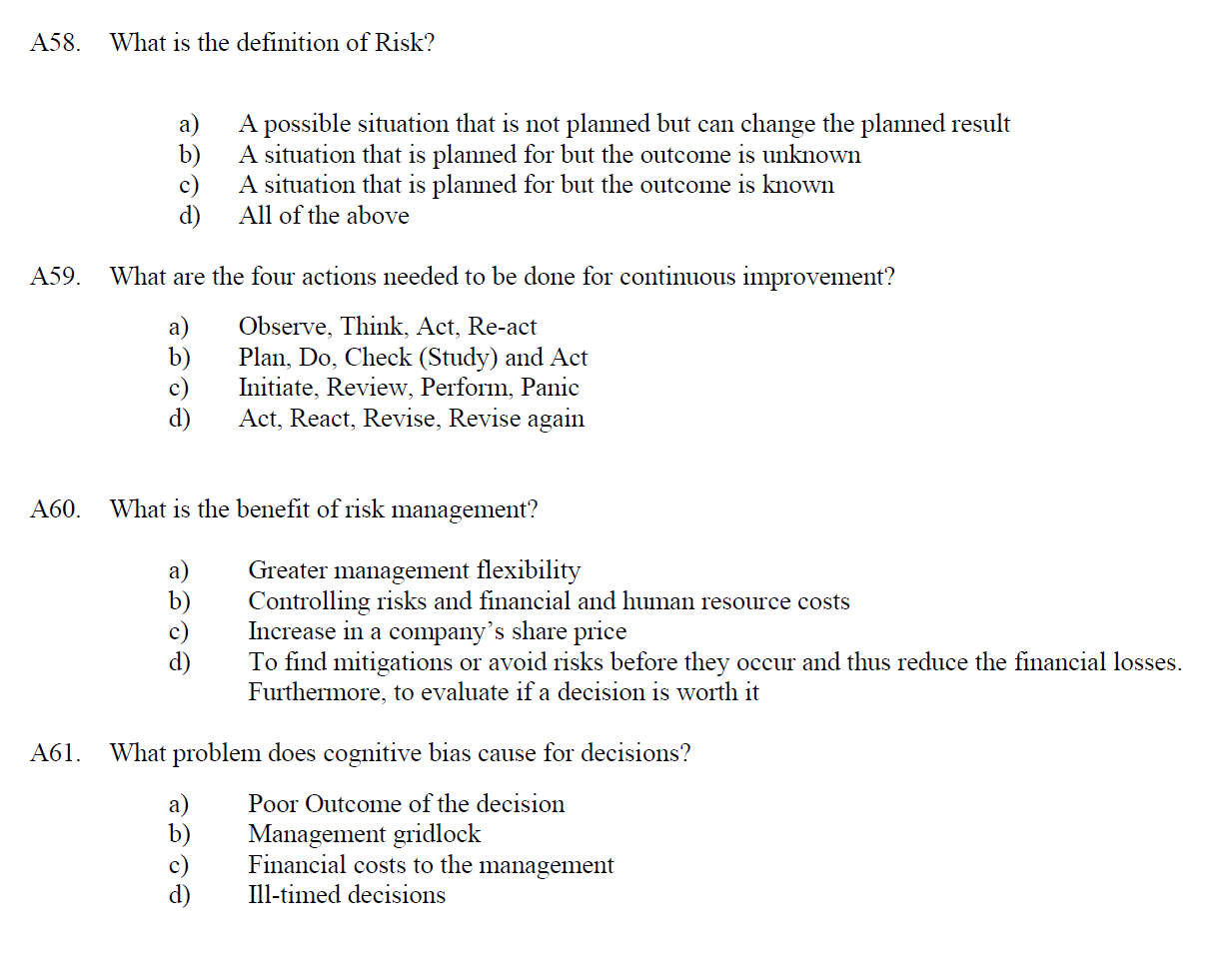 Solved A58 What Is The Definition Of Risk A B C D A