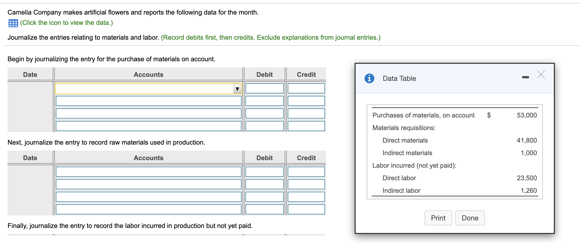 Solved Camelia Company makes artificial flowers and reports