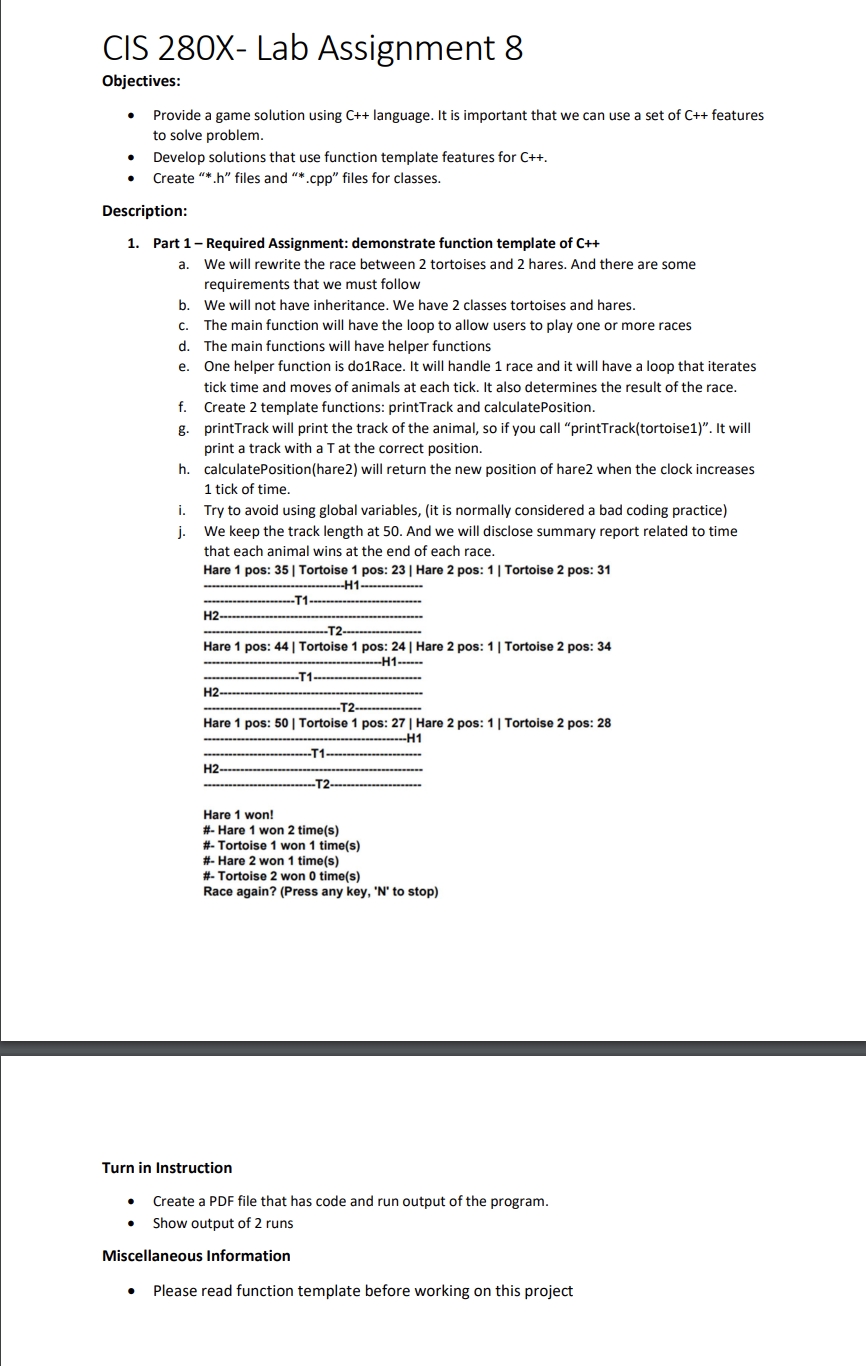 Cis 280x Lab Assignment 8 Objectives Provide A Game Chegg Com