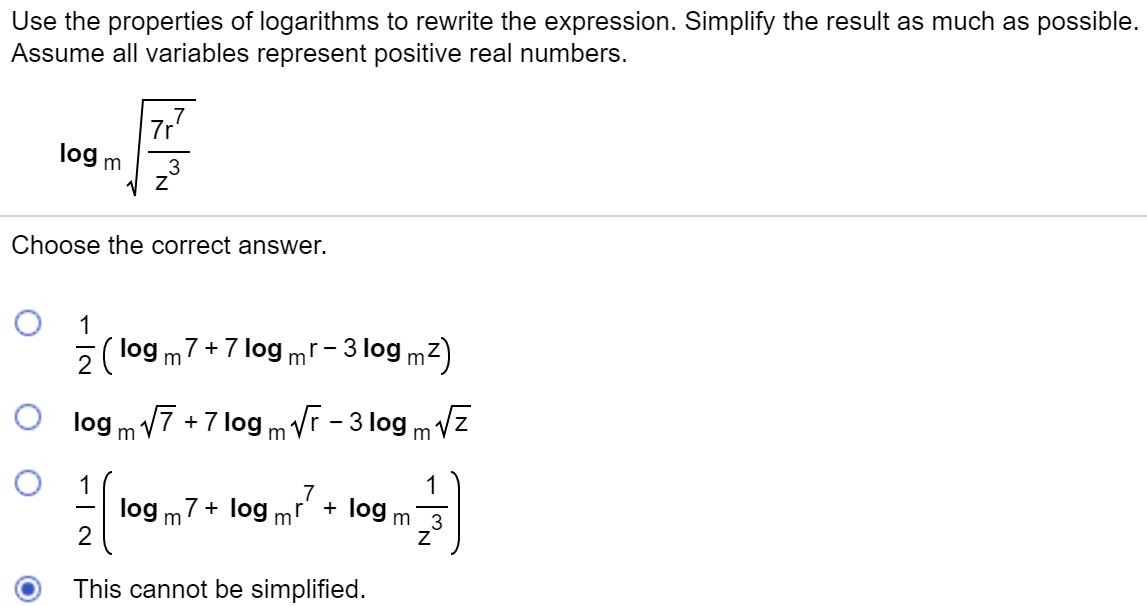 Solved Use the properties of logarithms to rewrite the | Chegg.com