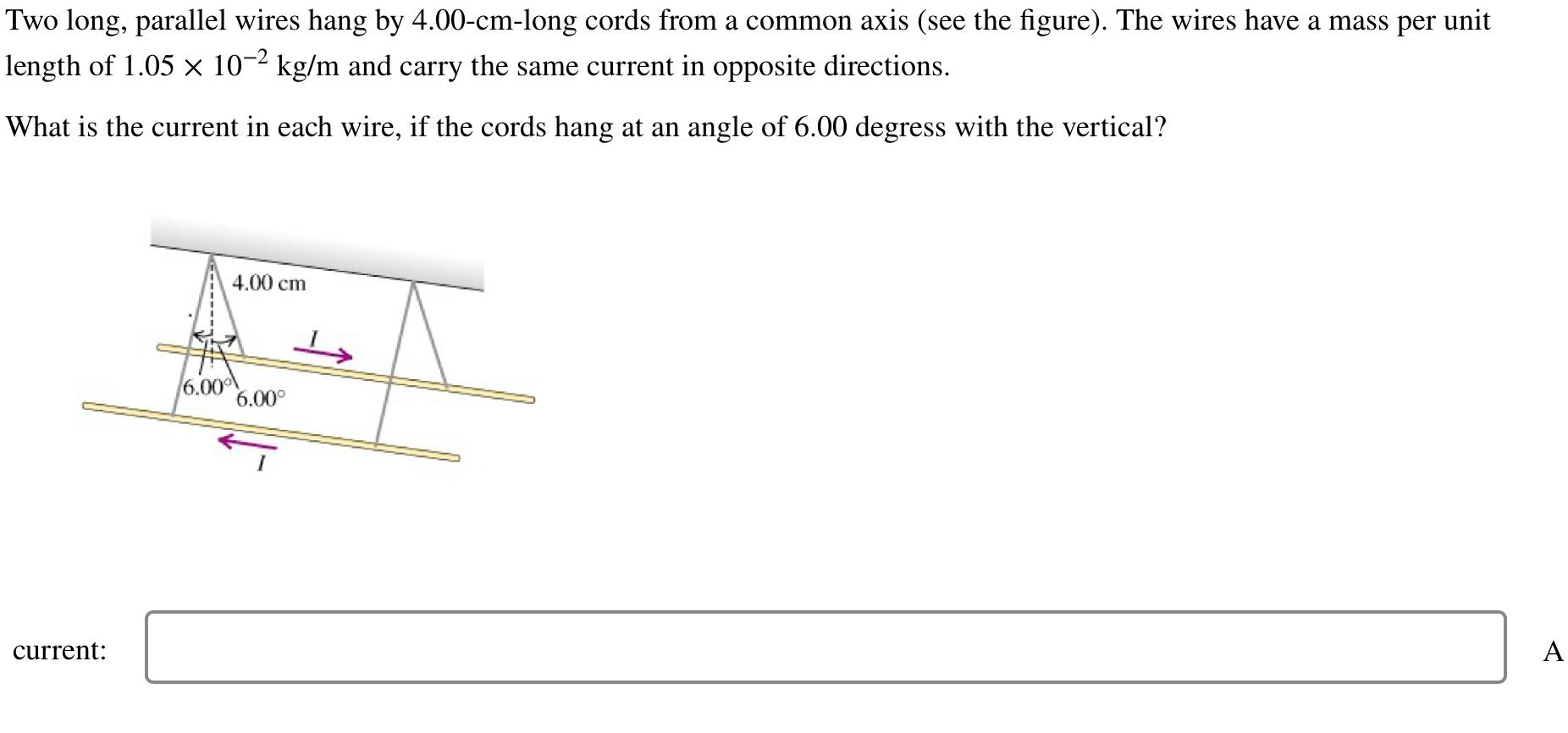 Two long, parallel wires hang by \( 4.00 \)-cm-long cords from a common axis (see the figure). The wires have a mass per unit