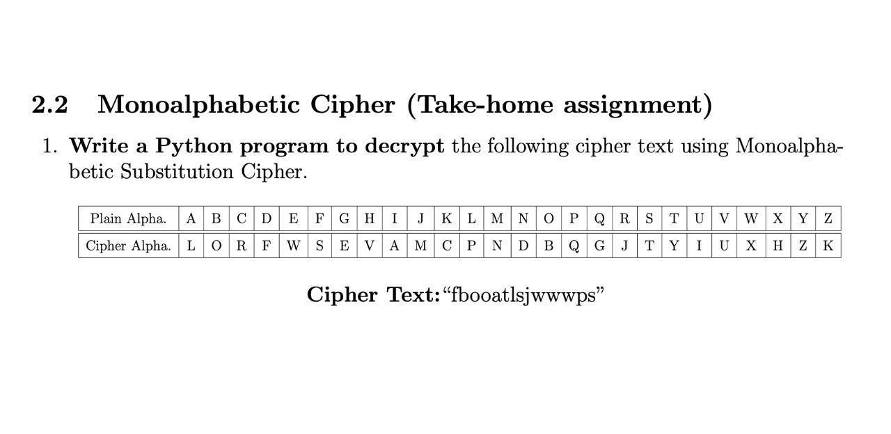 Solved 2.2 Monoalphabetic Cipher (Take-home Assignment) 1. | Chegg.com