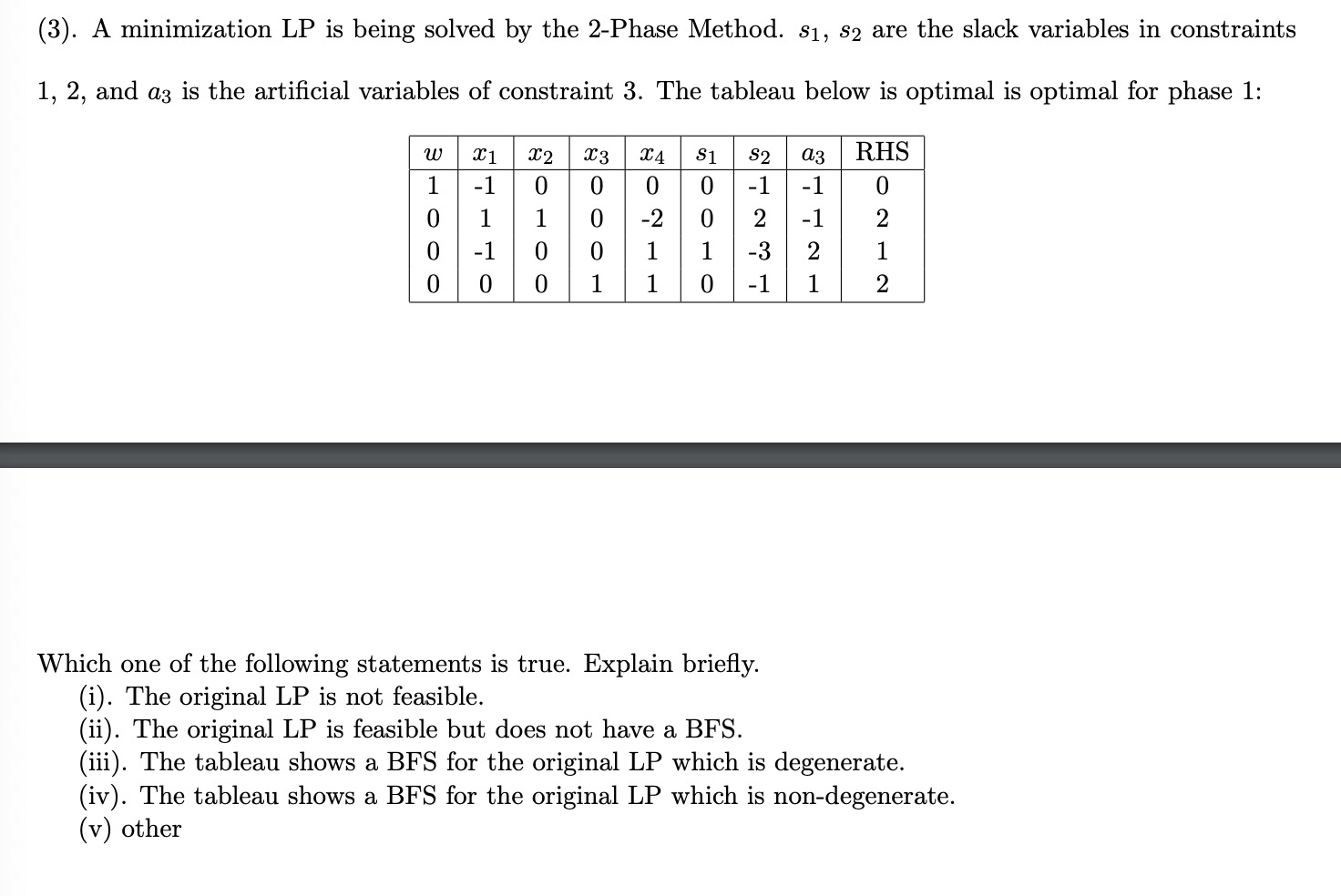 Solved (3). A minimization LP is being solved by the 2-Phase | Chegg.com