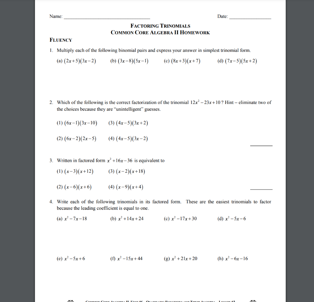 factoring trinomials common core algebra ii homework