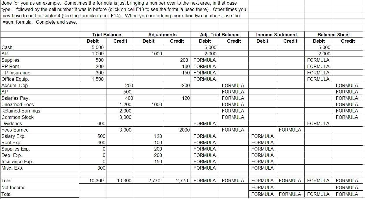 Solved done for you as an example. Sometimes the formula is | Chegg.com