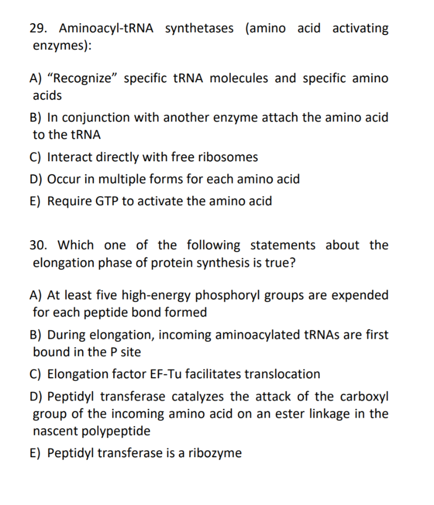 Solved 29. AminoacyltRNA synthetases (amino acid activating