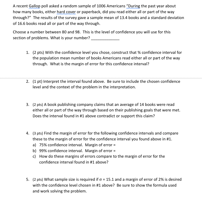 Solved A recent Gallop poll asked a random sample of 1006 | Chegg.com