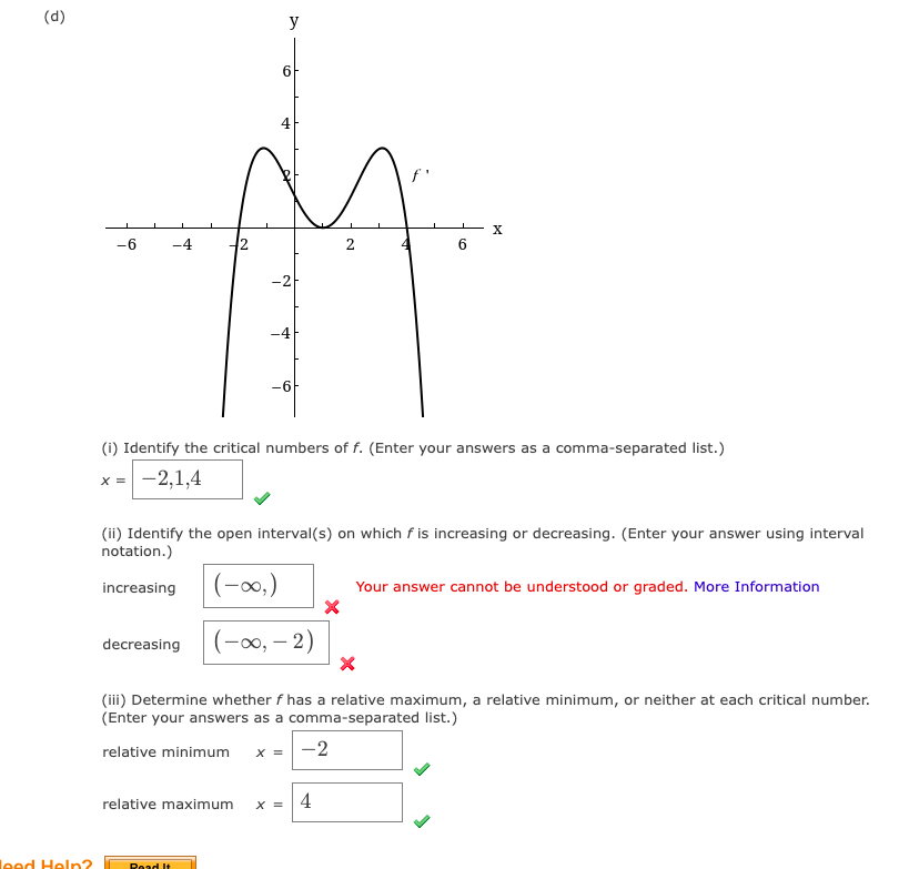 Solved (d) (i) Identify the critical numbers of f. (Enter | Chegg.com