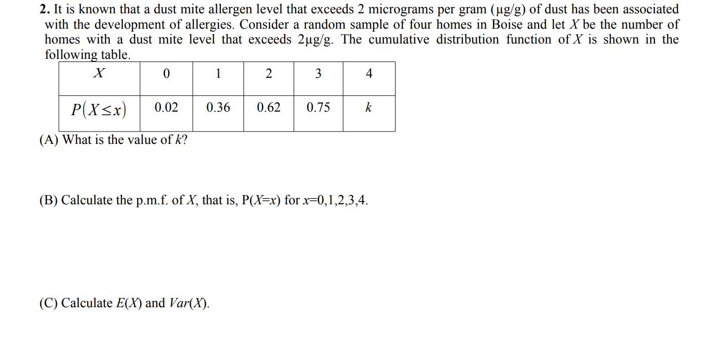 Solved 2 It Is Known That A Dust Mite Allergen Level Tha Chegg Com