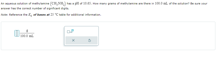 Solved An aqueous solution of methylamine (CH3NH2) has a pH | Chegg.com