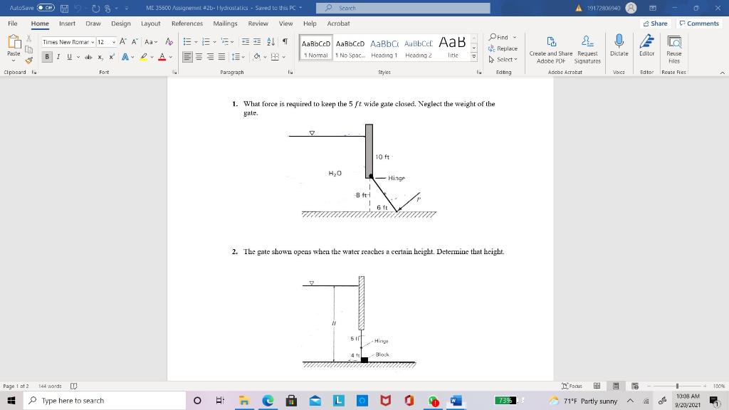 Solved AutoSave OCH H ME 35600 Assignment #2b-Hydrostatics - | Chegg.com