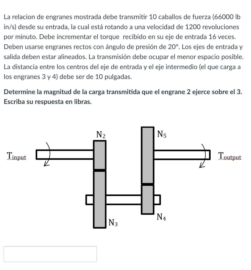 La relacion de engranes mostrada debe transmitir 10 caballos de fuerza (66000 lb in/s) desde su entrada, la cual está rotando