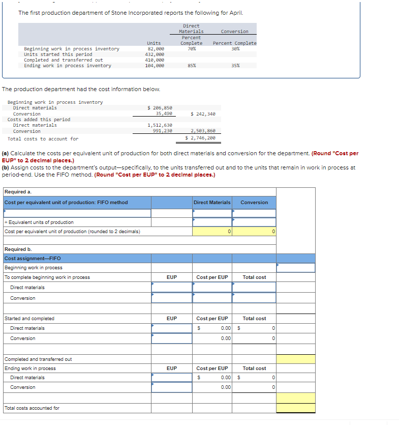 Solved The first production department of Stone Incorporated | Chegg.com