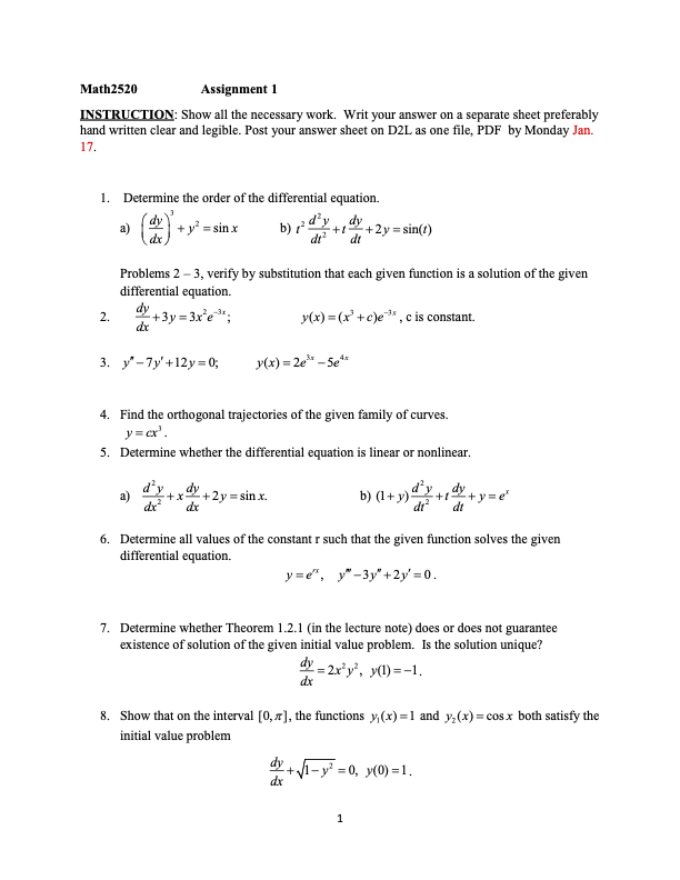 Solved Math2520 Assignment 1 Instruction: Show All The 