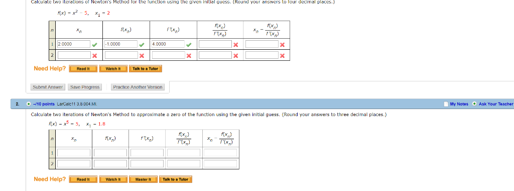 Solved Calculate two iterations of Newton's Method for the | Chegg.com