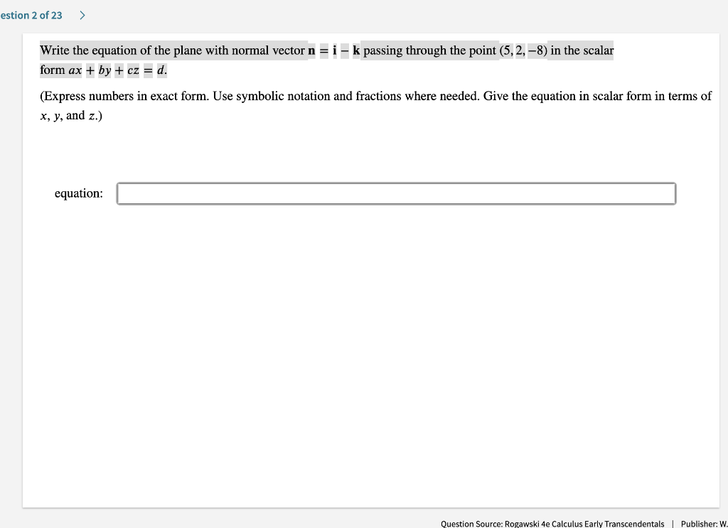 Solved Write the equation of the plane with normal vector | Chegg.com