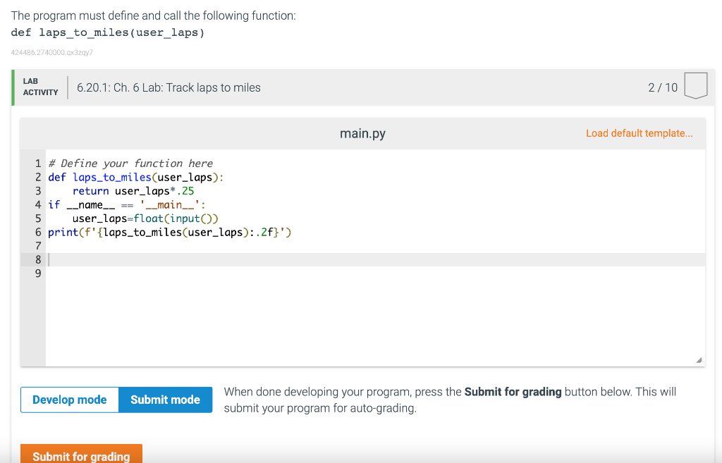 Solved 6.20 Ch. 6 Lab: Track laps to miles One lap around a | Chegg.com