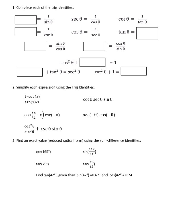 Solved 1. Complete each of the trig identities sec θ cot θ | Chegg.com