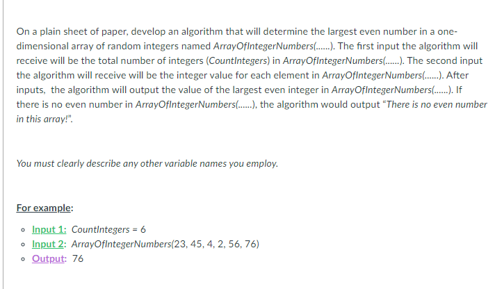 Solved On a plain sheet of paper, develop an algorithm that | Chegg.com