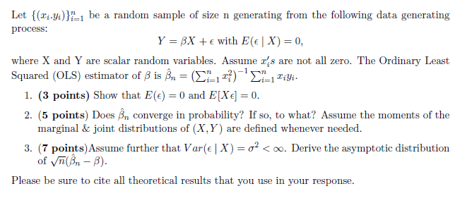 Solved Let {(xi⋅yi)}i=1n be a random sample of size n | Chegg.com