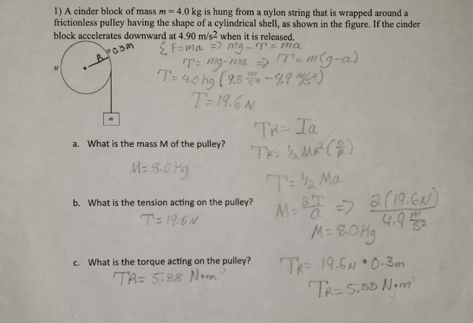 Solved 1) A cinder block of mass m 4.0 kg is hung from a