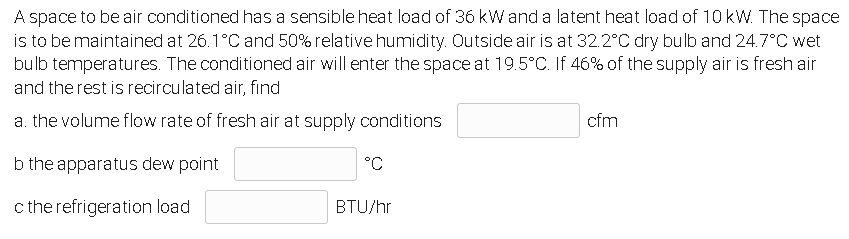 Solved A space to be air conditioned has a sensible heat | Chegg.com