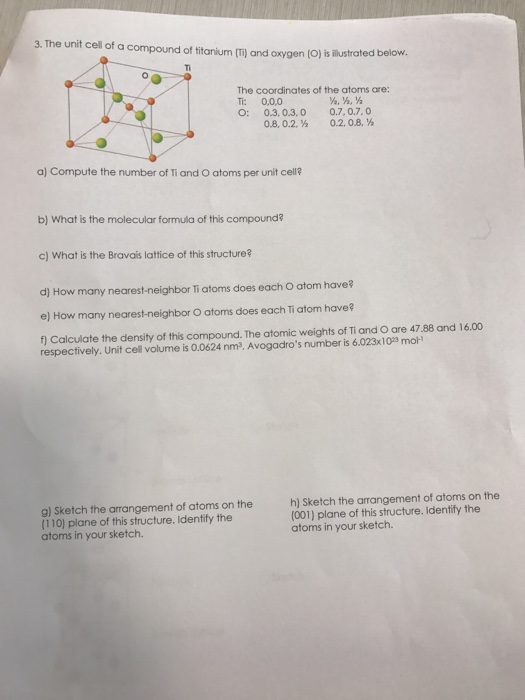 Solved 3. The unit cell of a compound of titanium (Ti) and | Chegg.com
