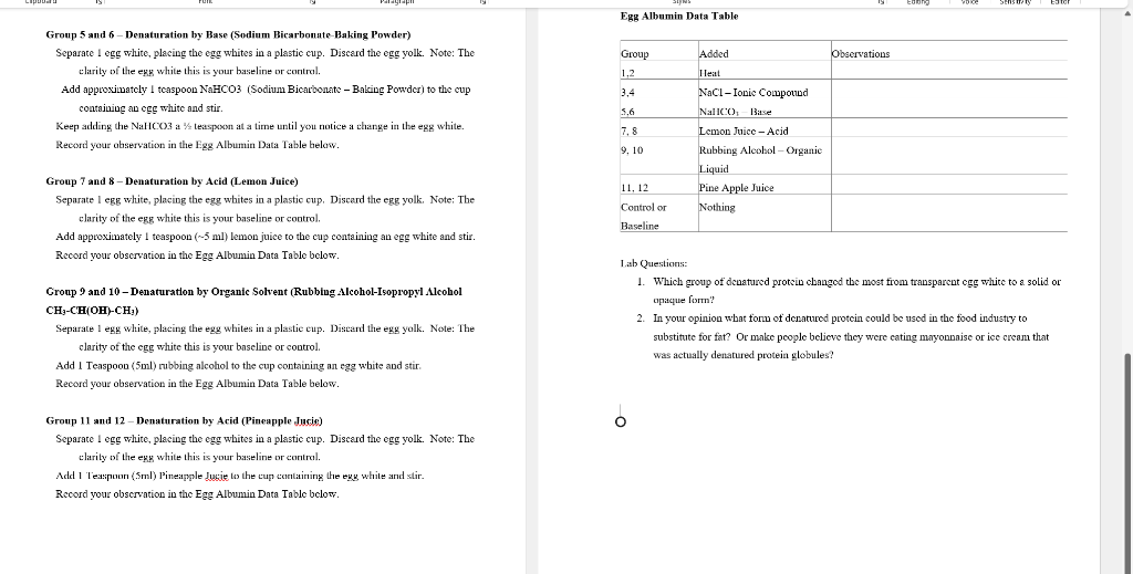 Solved Protein Denaturation lab DENATURING PROTEINS