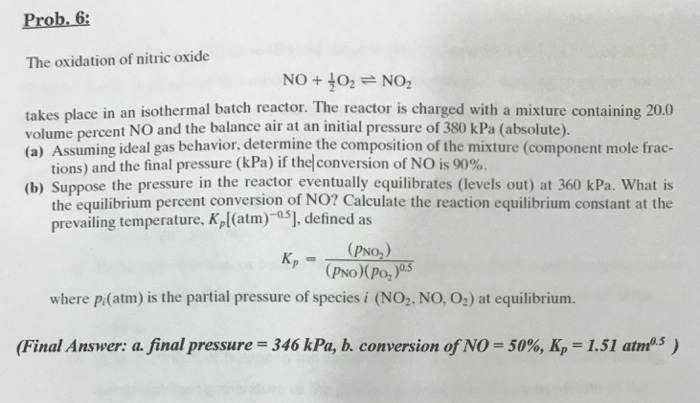 Solved Prob.6 The oxidation of nitric oxide takes place in | Chegg.com