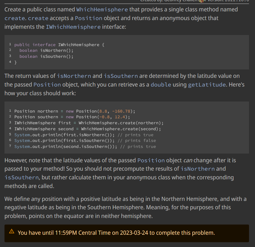 Solved Create a public class named Whi chHemi sphere that | Chegg.com