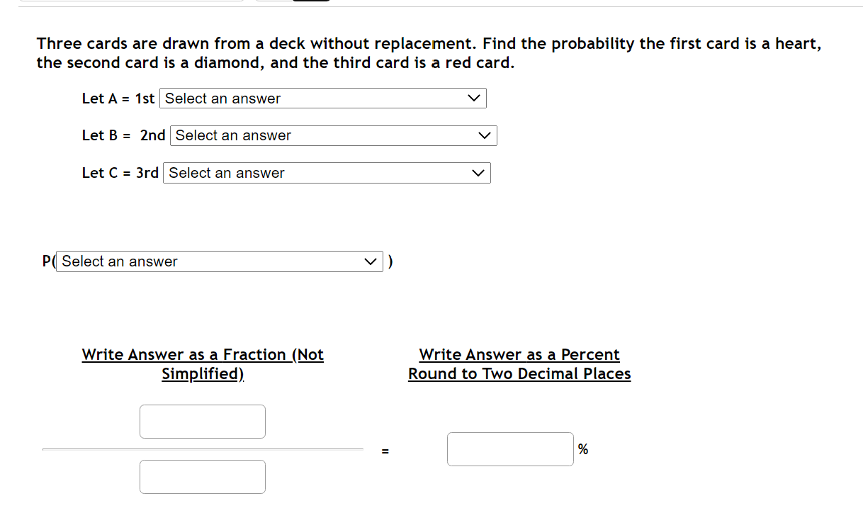 Solved Three cards are drawn from a deck without | Chegg.com
