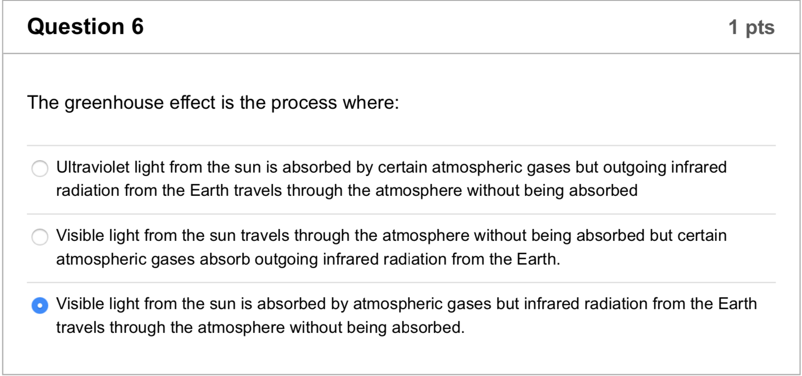 Solved Question 6 1 pts The greenhouse effect is the process | Chegg.com
