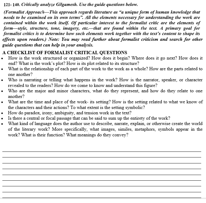 121-140. Critically analyze Gilgamesh. Use the guide | Chegg.com