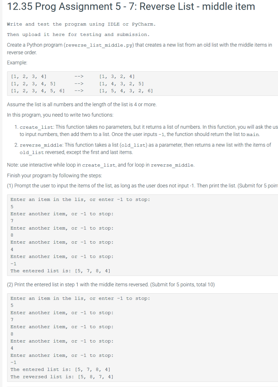 Solved 12.35 Prog Assignment 5 - 7: Reverse List - middle | Chegg.com