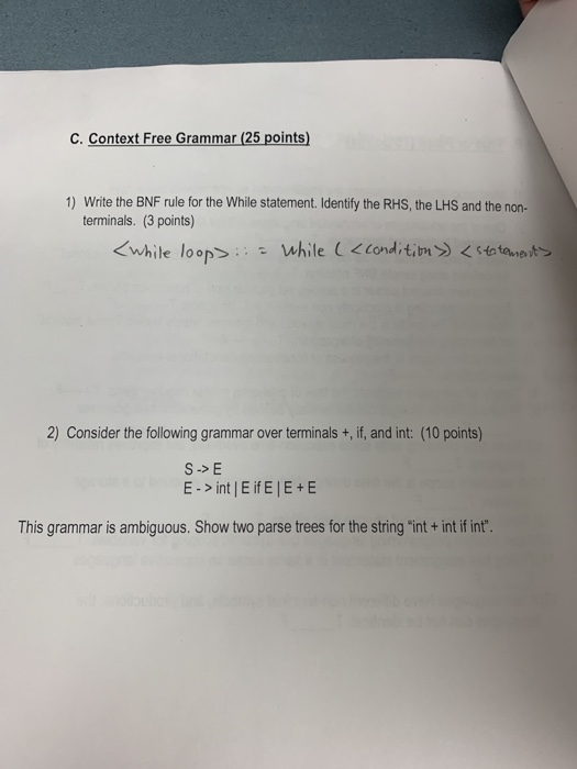 Solved C. Context Free Grammar (25 points) 1) Write the BNF | Chegg.com