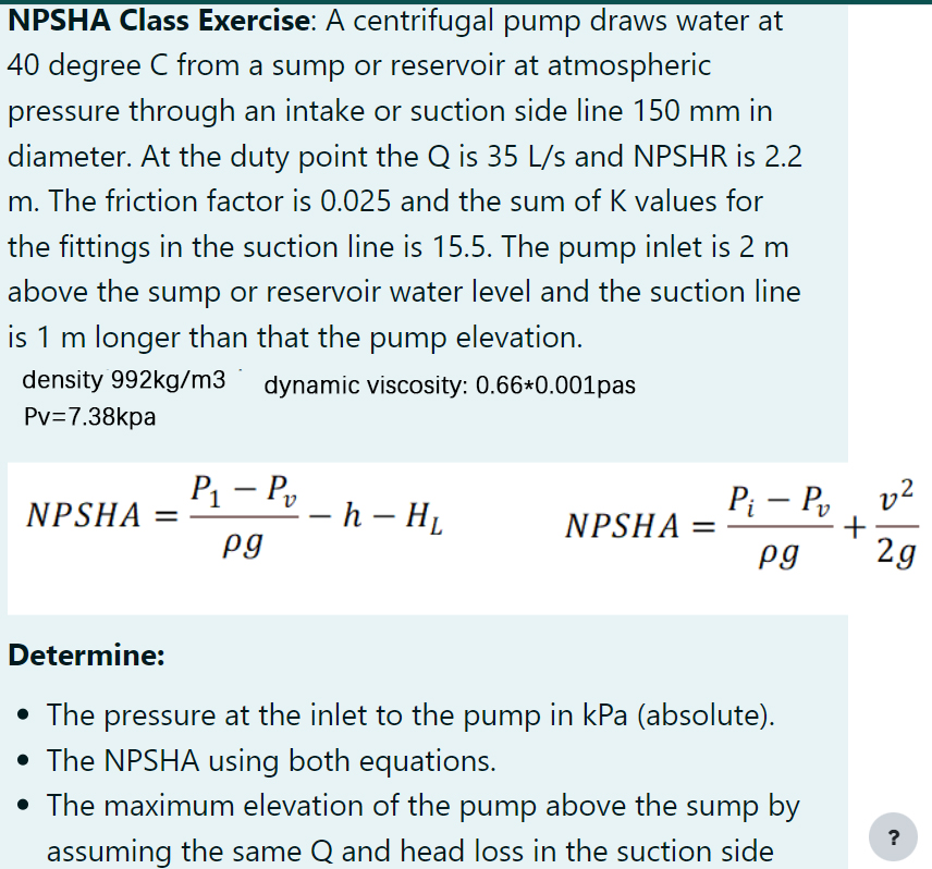 Solved NPSHA Class Exercise: A Centrifugal Pump Draws Water | Chegg.com