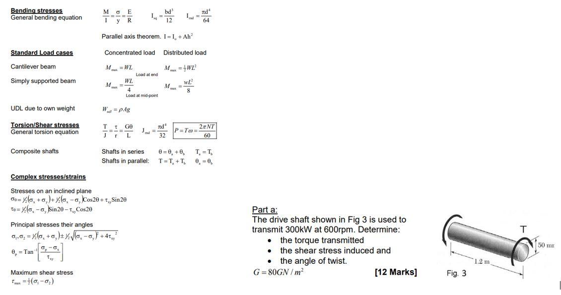 Part a:
The drive shaft shown in Fig 3 is used to transmit \( 300 \mathrm{~kW} \) at \( 600 \mathrm{rpm} \). Determine:
- the