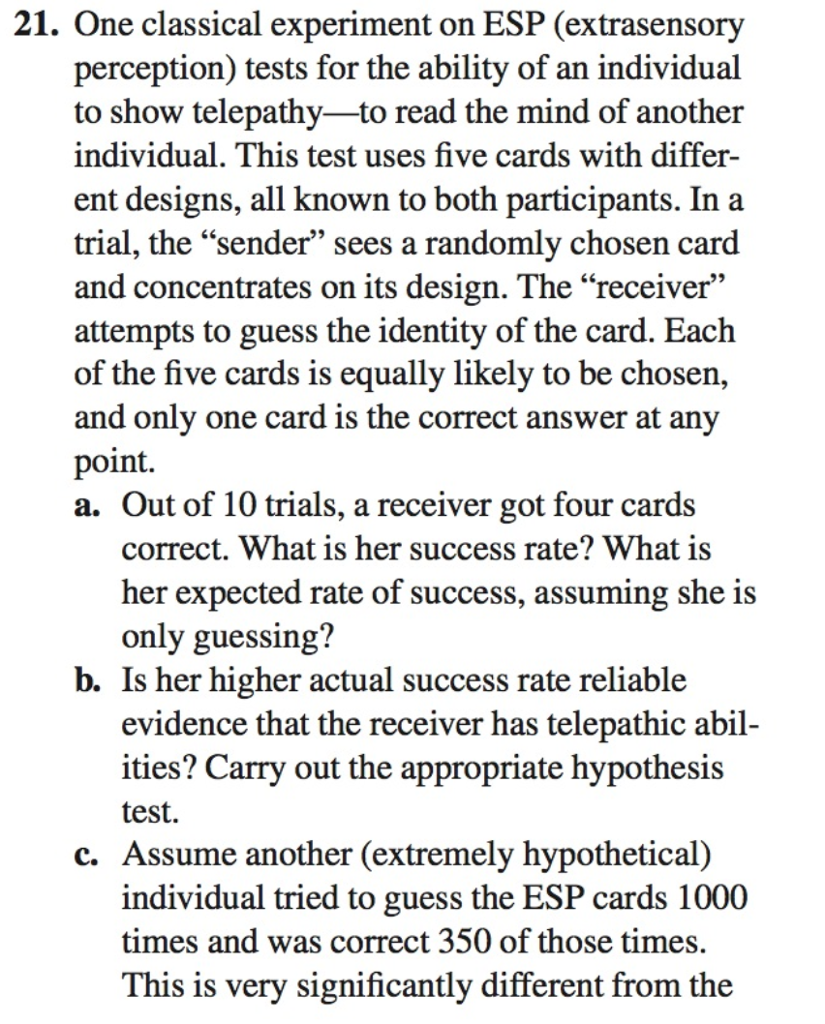 Solved 21. One classical experiment on ESP (extrasensory | Chegg.com