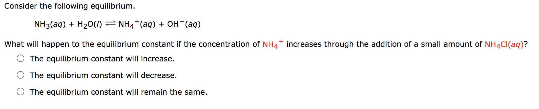 Solved Consider the following equilibrium. NH3(aq) + H20(1) | Chegg.com